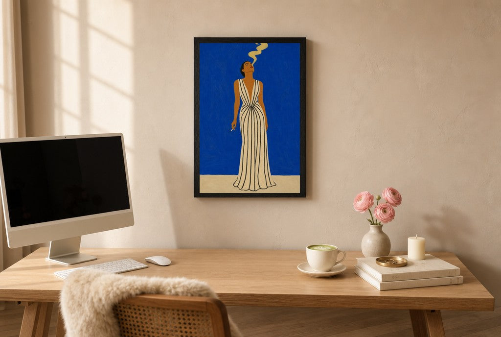Framed Striped Gown, Cobalt hung above a mid-century walnut console with ceramics.