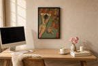 Framed Reformer, Greyhound hung above a mid-century walnut console with ceramics.