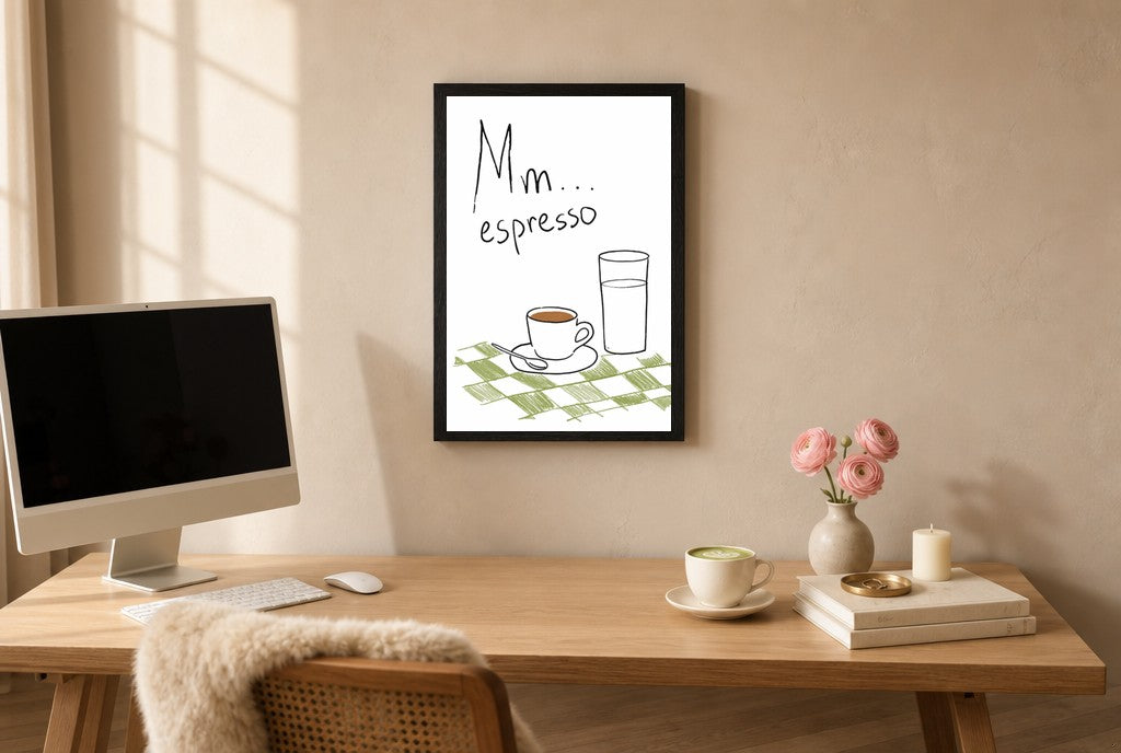 Framed Mm Espresso hung above a mid-century walnut console with ceramics.