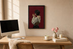Framed Lighting Up, Leopard Bag hung above a mid-century walnut console with ceramics.