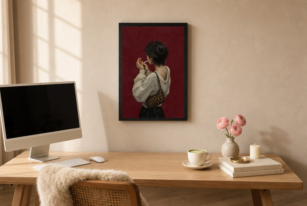 Framed Lighting Up, Leopard Bag hung above a mid-century walnut console with ceramics.