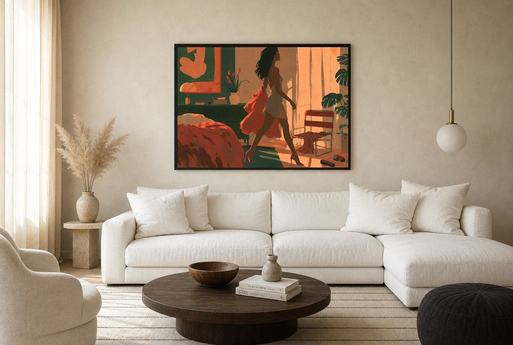 Out the Door in Coral, floor-leaning in living room