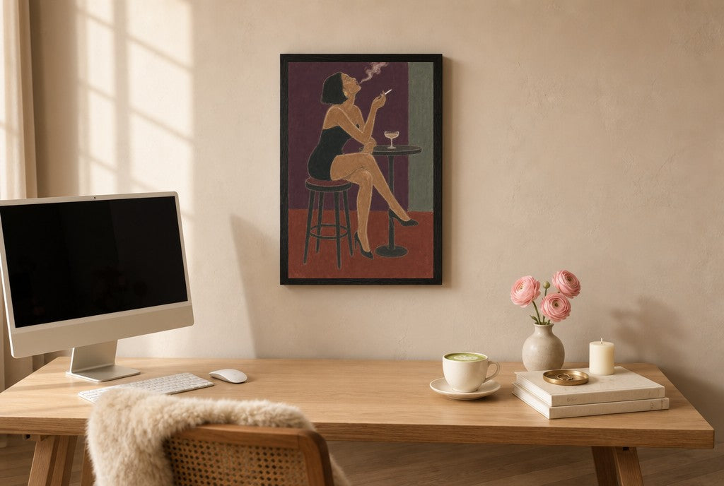 Framed Bar Stool, Smoke hung above a mid-century walnut console with ceramics.