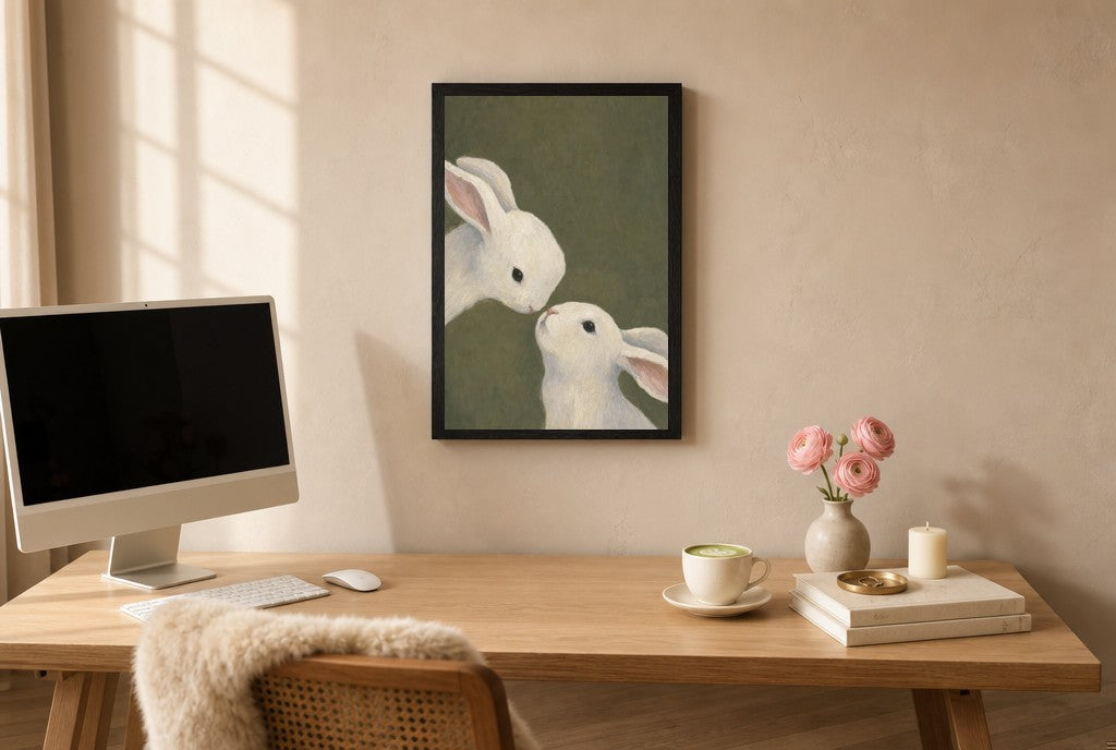 Framed Two Rabbits, Olive hung above a mid-century walnut console with ceramics.