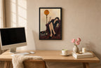 Framed Robe, Amber Lamp hung above a mid-century walnut console with ceramics.