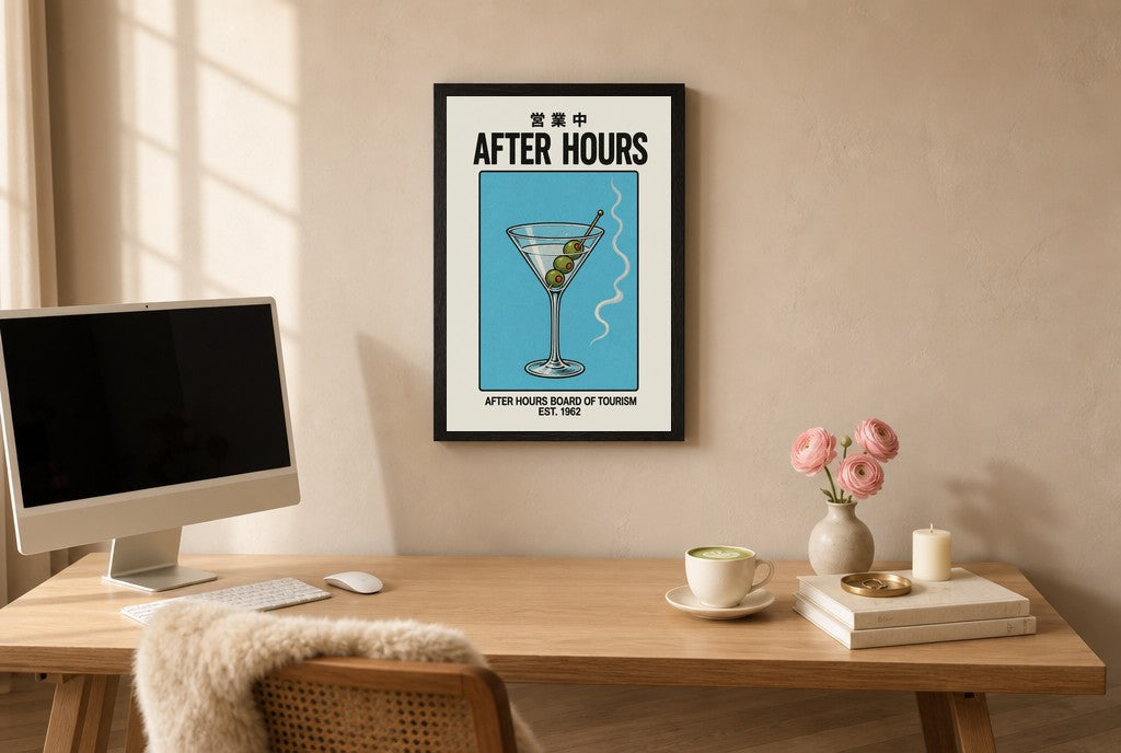 Framed After Hours, Tourism hung above a mid-century walnut console with ceramics.