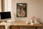 Framed Painted Toenails, Black Cat hung above a mid-century walnut console with ceramics.
