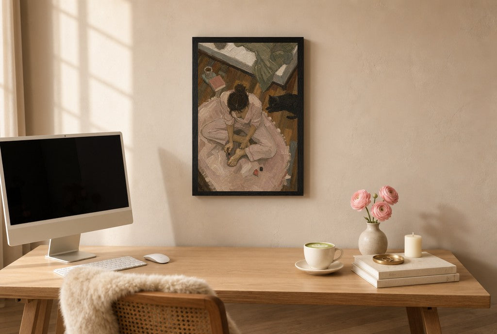 Framed Painted Toenails, Black Cat hung above a mid-century walnut console with ceramics.