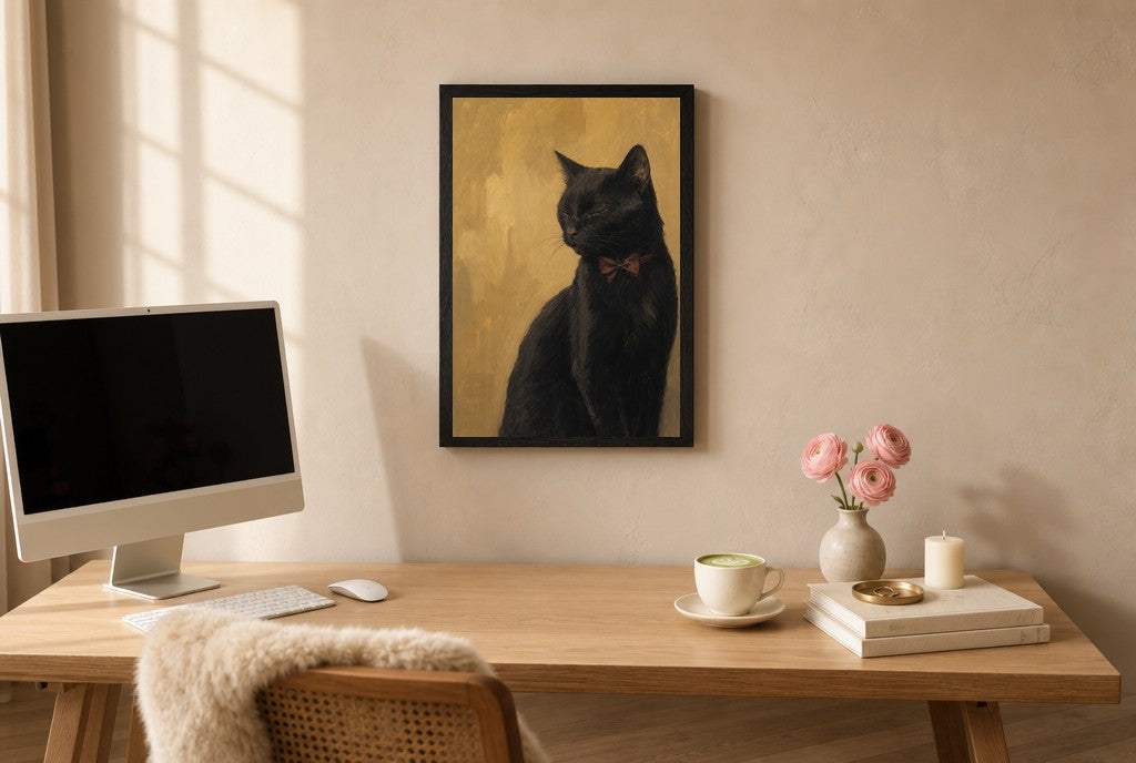 Framed Black Cat, Red Bow hung above a mid-century walnut console with ceramics.