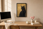 Framed Black Cat, Red Bow hung above a mid-century walnut console with ceramics.