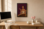 Framed Slip Dress, Plum hung above a mid-century walnut console with ceramics.