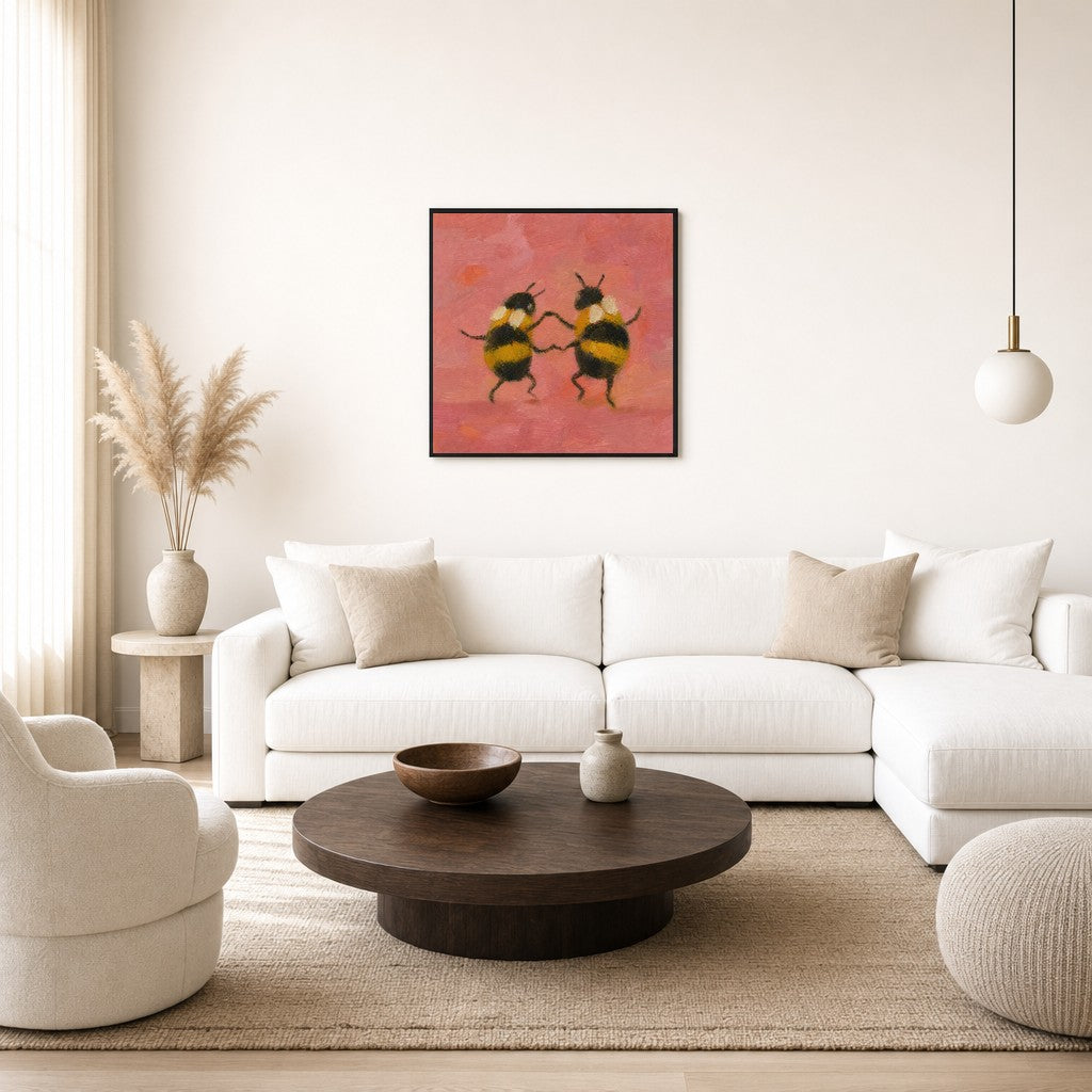 Two Bees, floor-leaning in living room