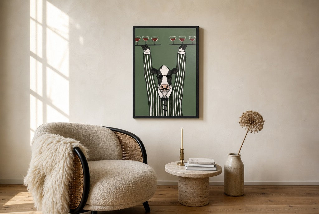 Oversized Pour Cow leaning at the baseboard of a sunlit living room.