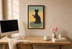 Framed Cat, Martini, Sunglasses hung above a mid-century walnut console with ceramics.