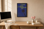 Framed Lone Palm, Midnight hung above a mid-century walnut console with ceramics.