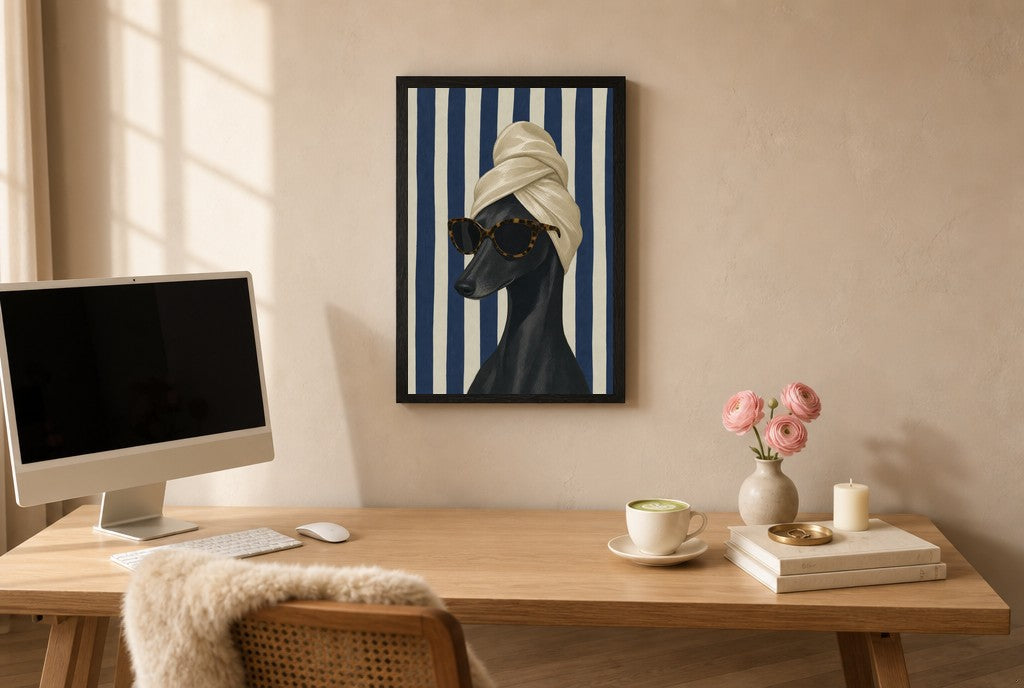 Framed Greyhound, Hair Towel hung above a mid-century walnut console with ceramics.