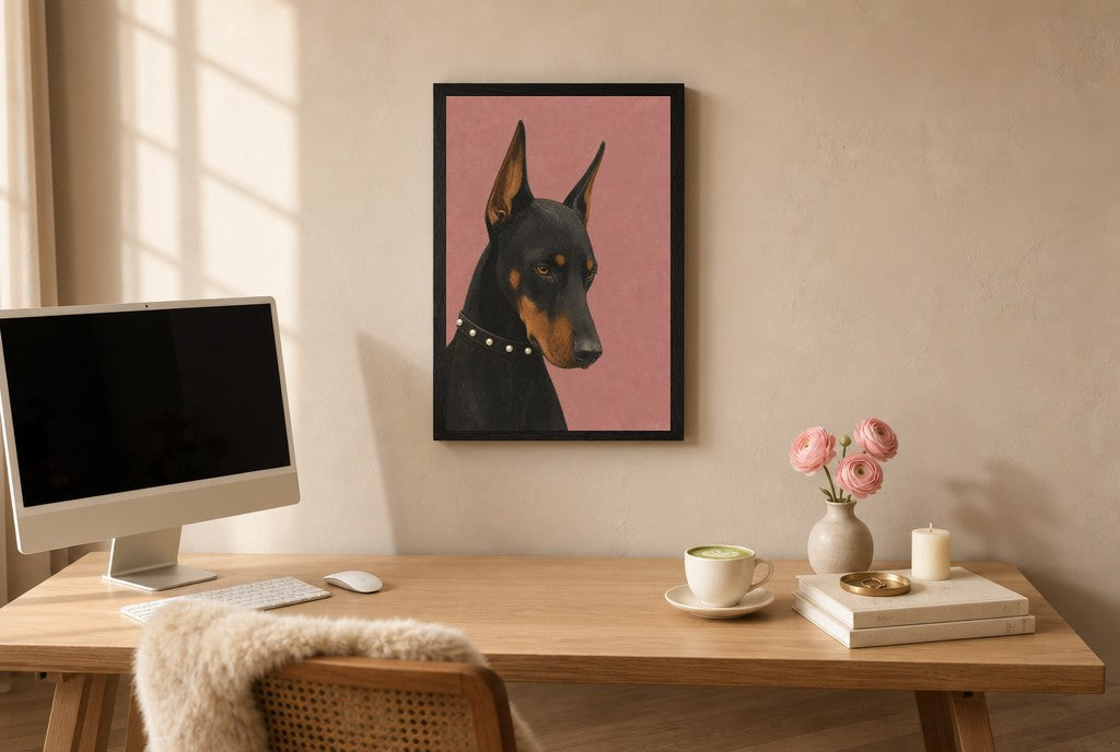 Framed Doberman, Pearls hung above a mid-century walnut console with ceramics.
