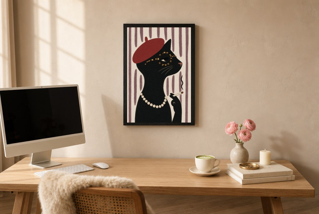Framed Cat, Red Beret hung above a mid-century walnut console with ceramics.