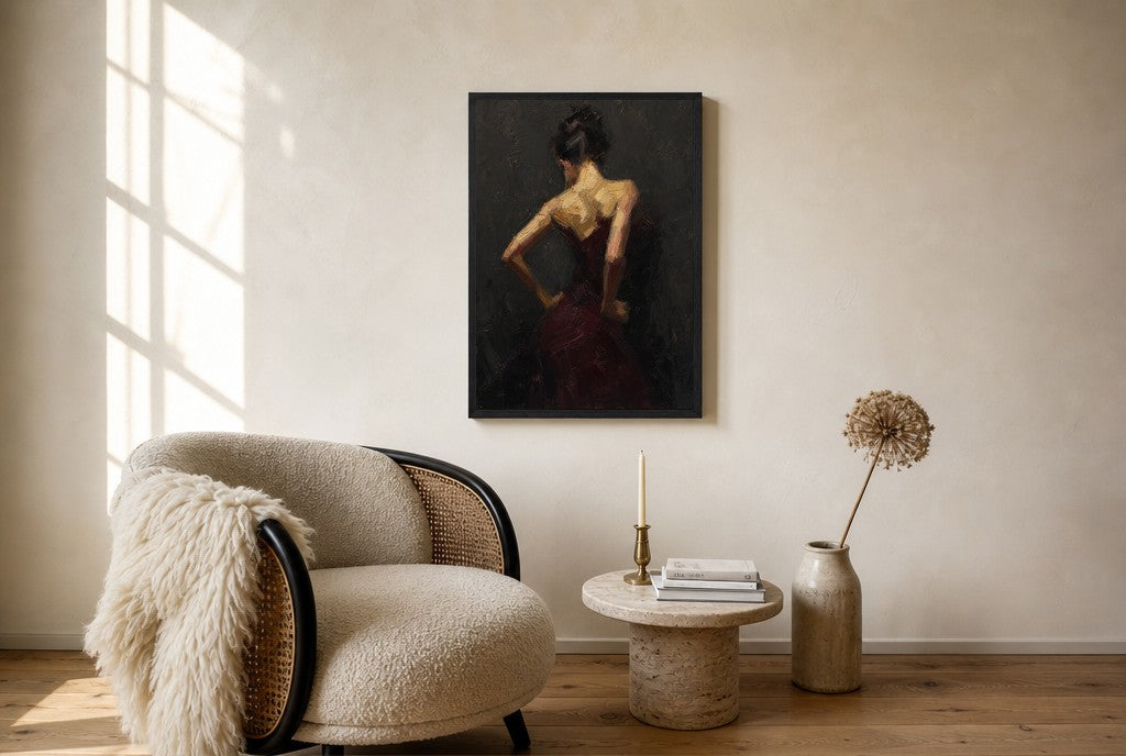 Oxblood Dress, Charcoal, floor-leaning in living room
