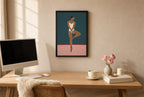 Framed Pointe, Teal Wall hung above a mid-century walnut console with ceramics.