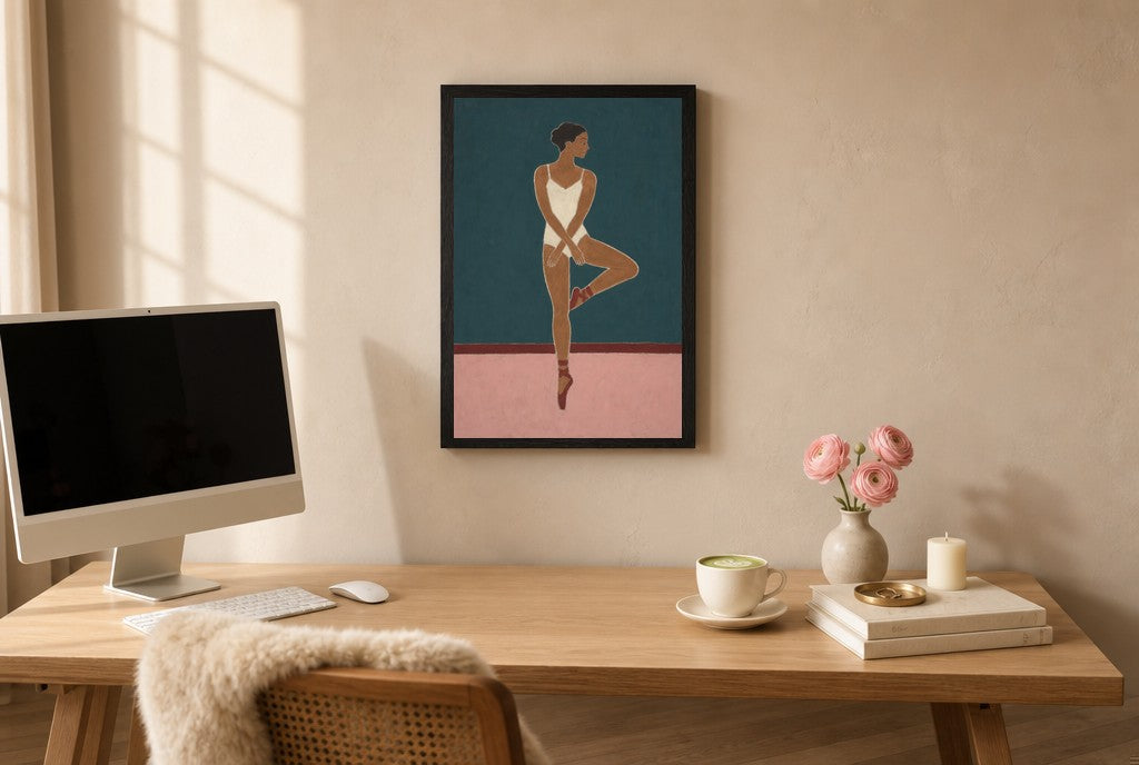 Framed Pointe, Teal Wall hung above a mid-century walnut console with ceramics.