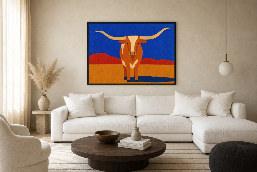 Longhorn, Unbothered, floor-leaning in living room