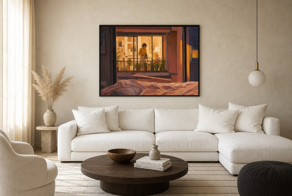 From the Bed, She Waters, floor-leaning in living room