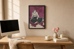 Framed Black Cat, Wine hung above a mid-century walnut console with ceramics.
