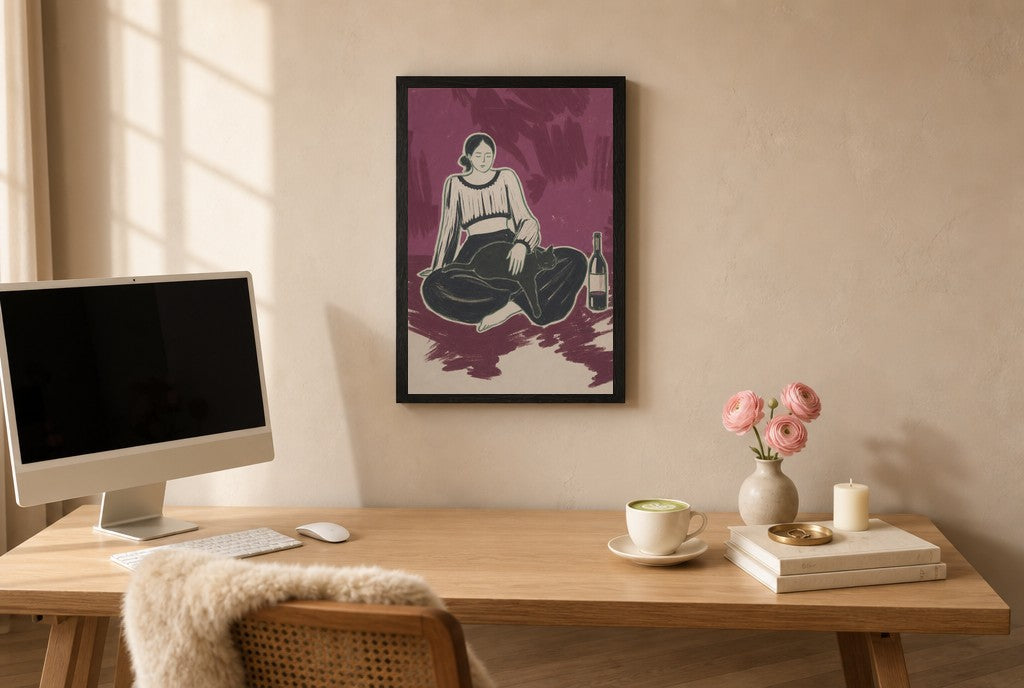 Framed Black Cat, Wine hung above a mid-century walnut console with ceramics.