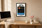 Framed Jeju, 1971 hung above a mid-century walnut console with ceramics.