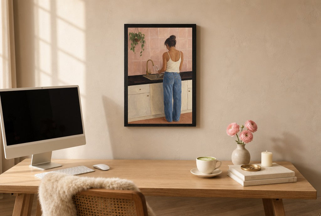 Framed Sink, Pink Tile hung above a mid-century walnut console with ceramics.