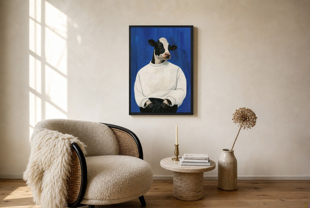 Oversized Calm in a White Sweater leaning at the baseboard of a sunlit living room.
