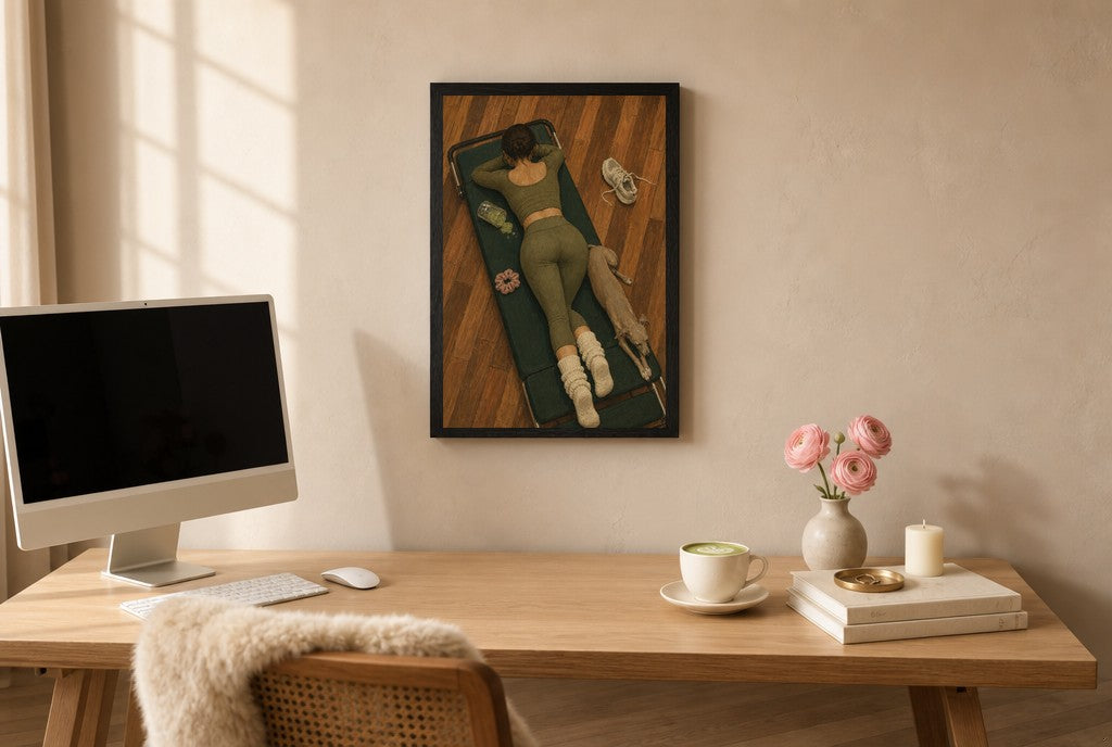 Framed Pilates Mat, Greyhound hung above a mid-century walnut console with ceramics.