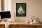 Framed Fishnets, Magazine hung above a mid-century walnut console with ceramics.