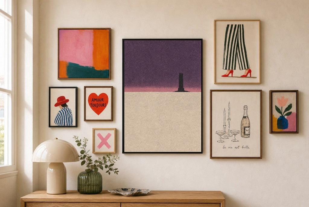 Lone Tower, Pink Sky mixed into a layered gallery wall of varied frame sizes.