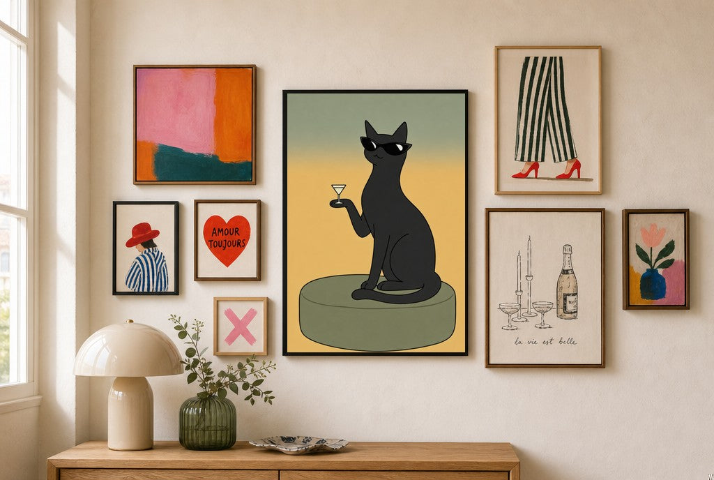 Cat, Martini, Sunglasses mixed into a layered gallery wall of varied frame sizes.