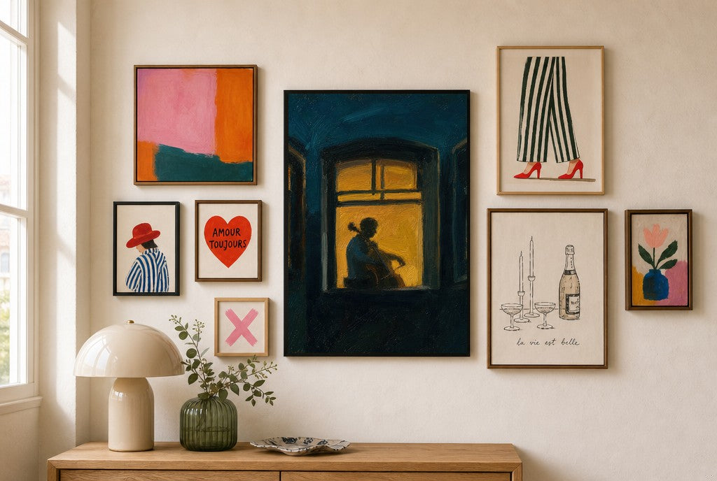 Teal Night, Cellist, in gallery wall