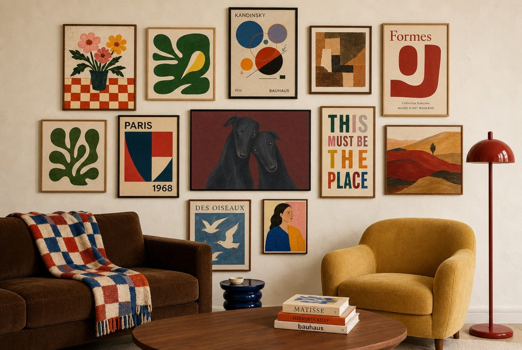 Two Greyhounds, Oxblood mixed into a layered gallery wall of varied frame sizes.