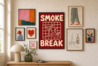Smoke Break mixed into a layered gallery wall of varied frame sizes.