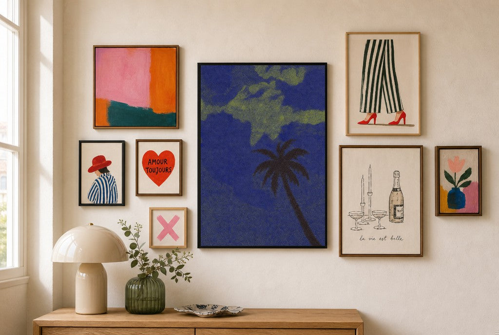 Lone Palm, Midnight mixed into a layered gallery wall of varied frame sizes.