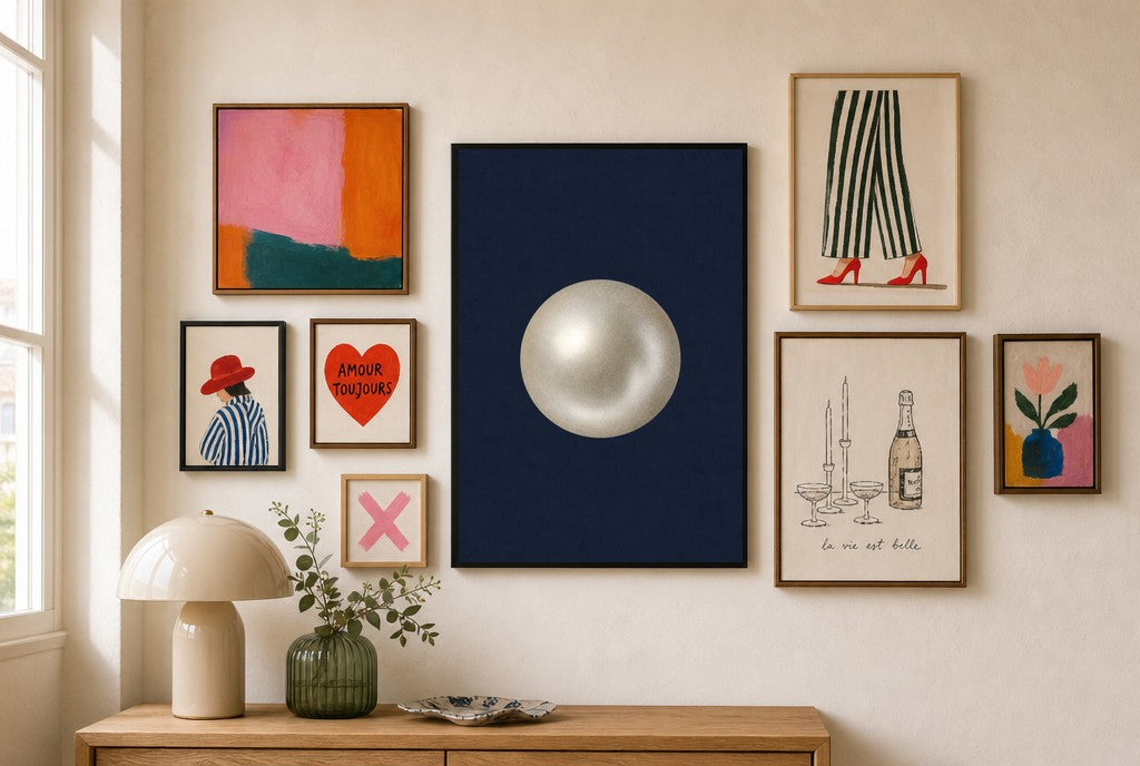 One Pearl, Navy mixed into a layered gallery wall of varied frame sizes.