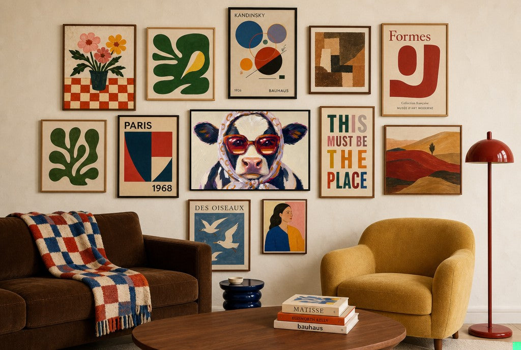 Riviera Mood mixed into a layered gallery wall of varied frame sizes.