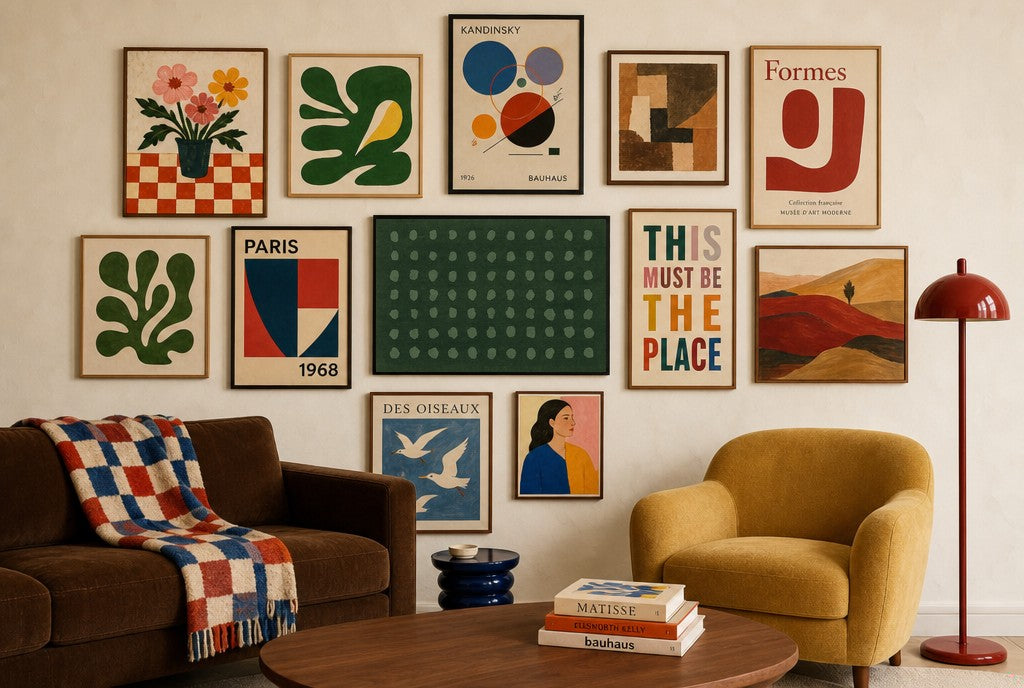 Sage Dots, Forest mixed into a layered gallery wall of varied frame sizes.