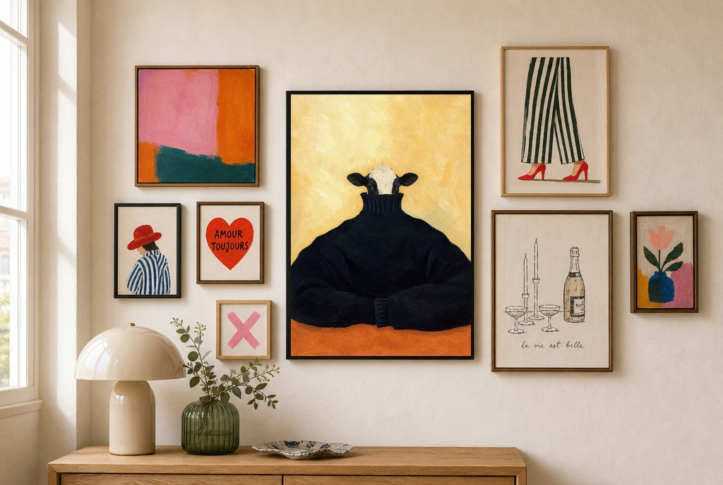 Sunday Turtleneck mixed into a layered gallery wall of varied frame sizes.