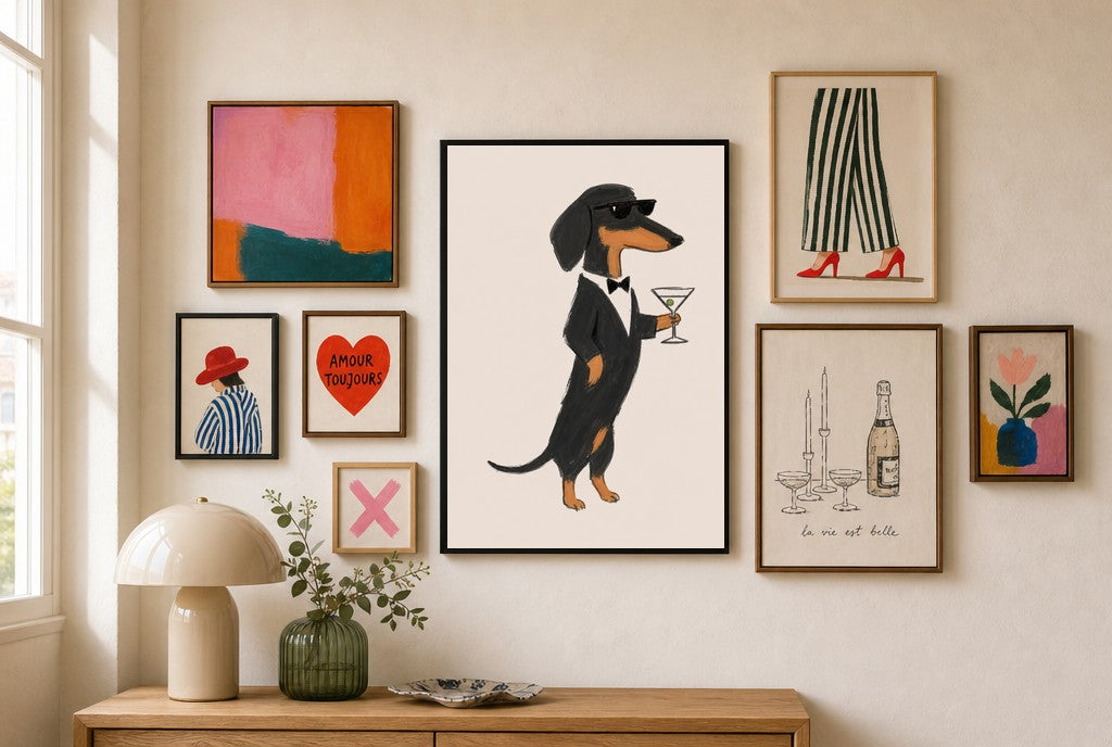 Dachshund, Martini mixed into a layered gallery wall of varied frame sizes.