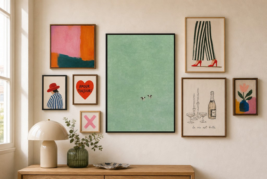 Calm Sea, Two of Us mixed into a layered gallery wall of varied frame sizes.