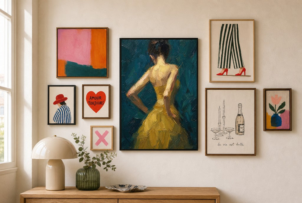 Gold Dress, Teal, in gallery wall