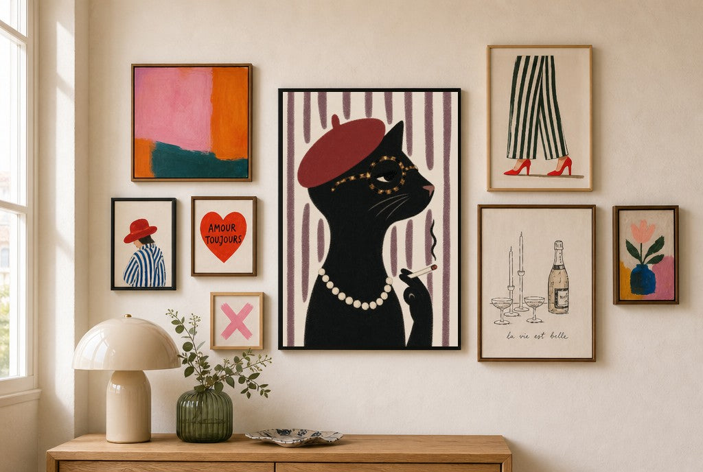 Cat, Red Beret mixed into a layered gallery wall of varied frame sizes.
