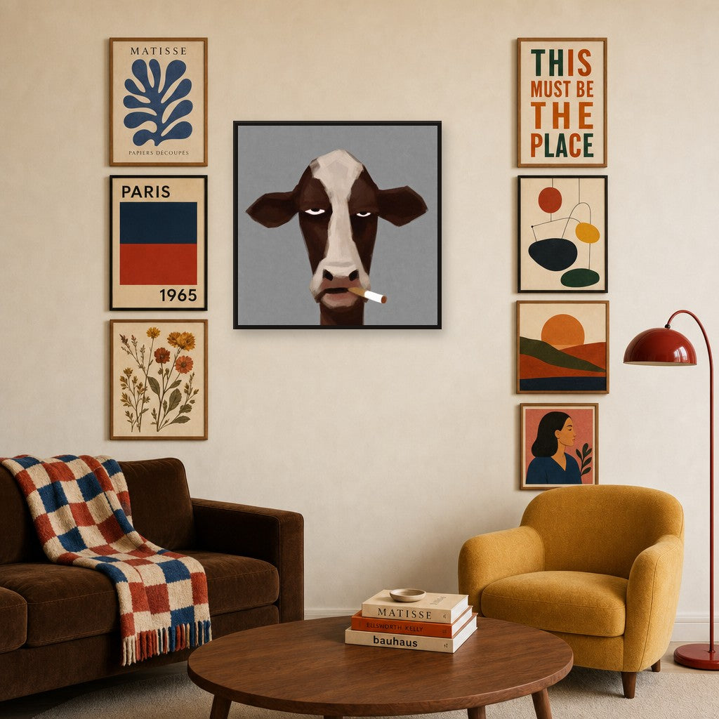 Cigarette, Square mixed into a layered gallery wall of varied frame sizes.