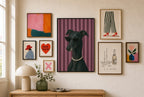 Greyhound, Pearls mixed into a layered gallery wall of varied frame sizes.